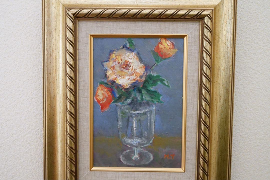 【肉筆油彩】大幅値下げ！　薔薇（バラ）静物画　豪華装飾額付き サムホール相当