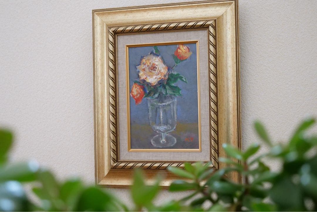 【肉筆油彩】大幅値下げ！　薔薇（バラ）静物画　豪華装飾額付き サムホール相当