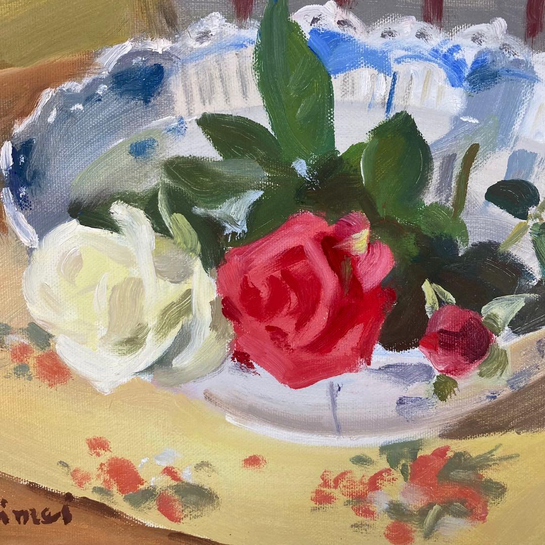 【真作保証】池田清明「バラ」油彩3号 直筆サイン 裏書き 絵画 一枚の繪 額装