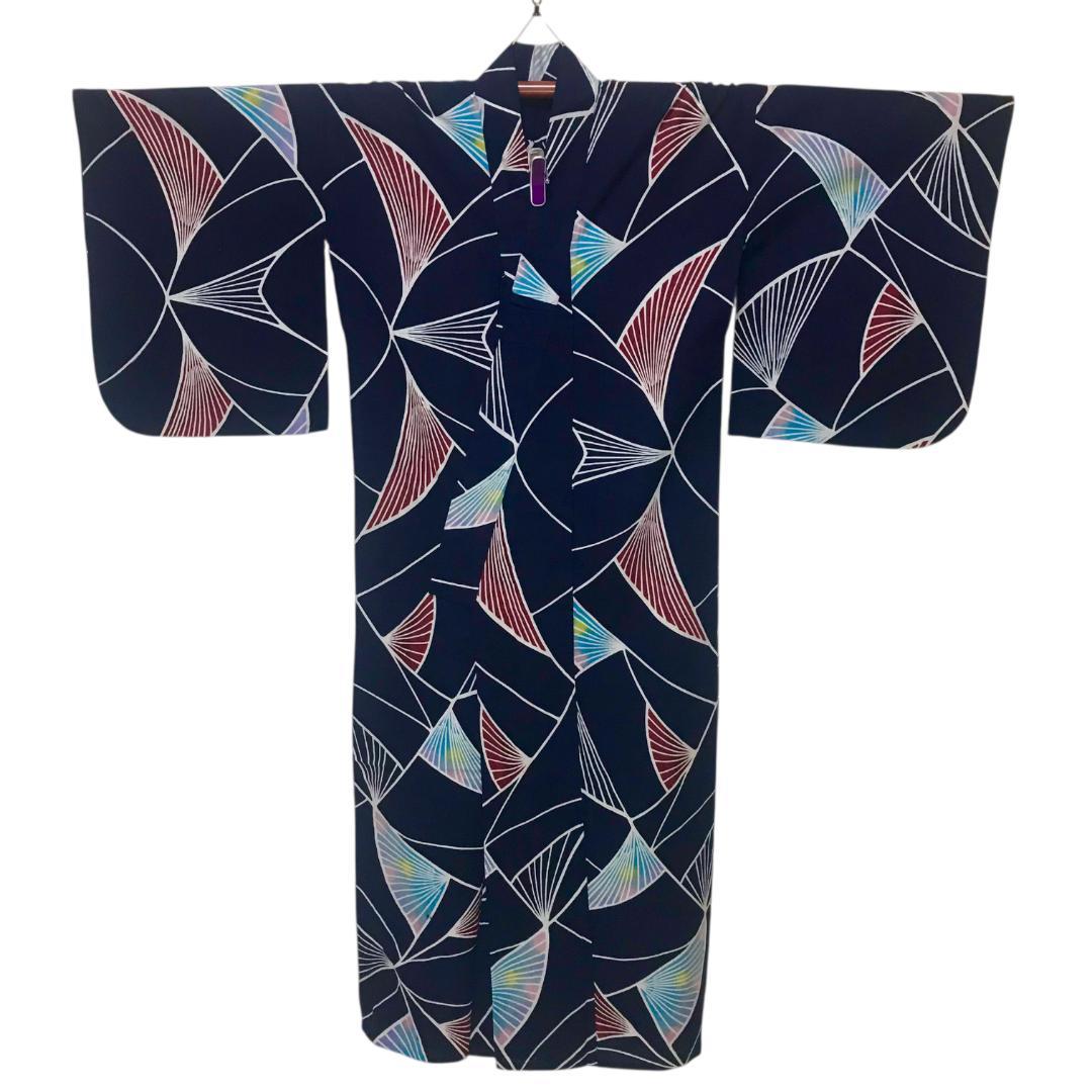 【浴衣】抽象模様　藍染 注染　紺 ネイビー　S　アンティーク ＋半幅帯セット