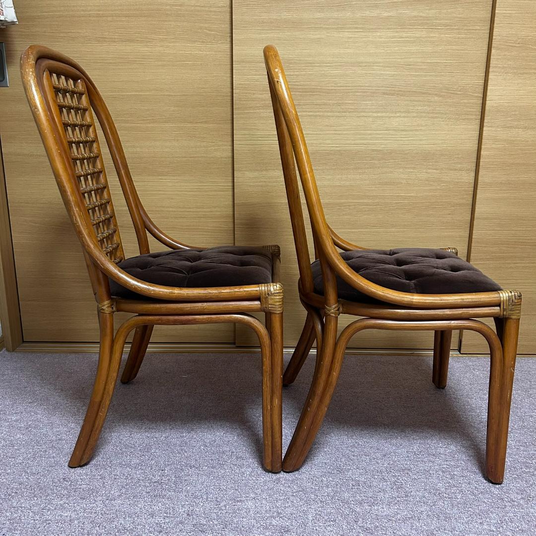 ヴィンテージ　ラタン　ダイニングテーブルセット　ガラステーブル　椅子2脚付き