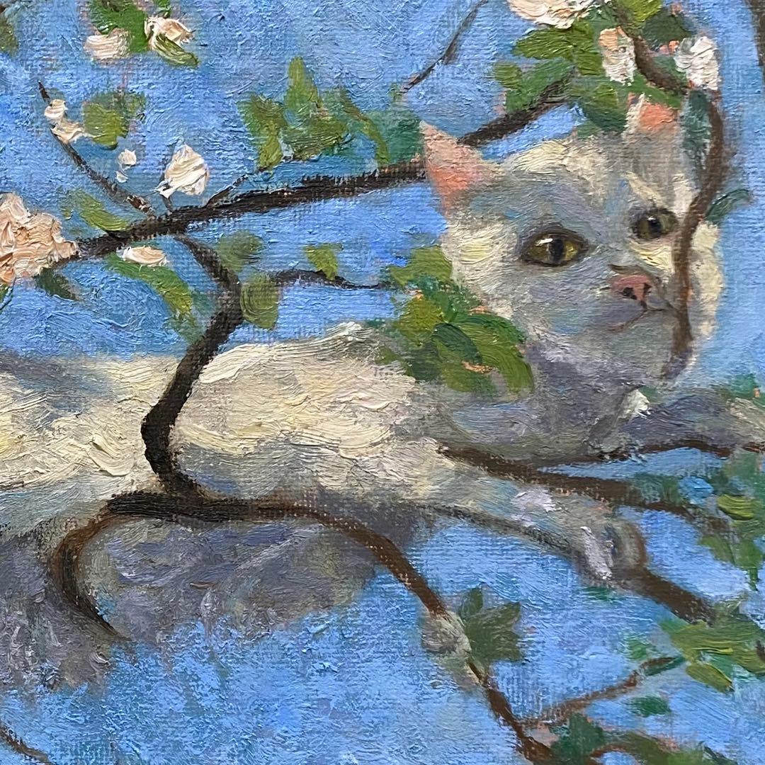 白猫と花の木 F3 油彩画 油絵 絵画