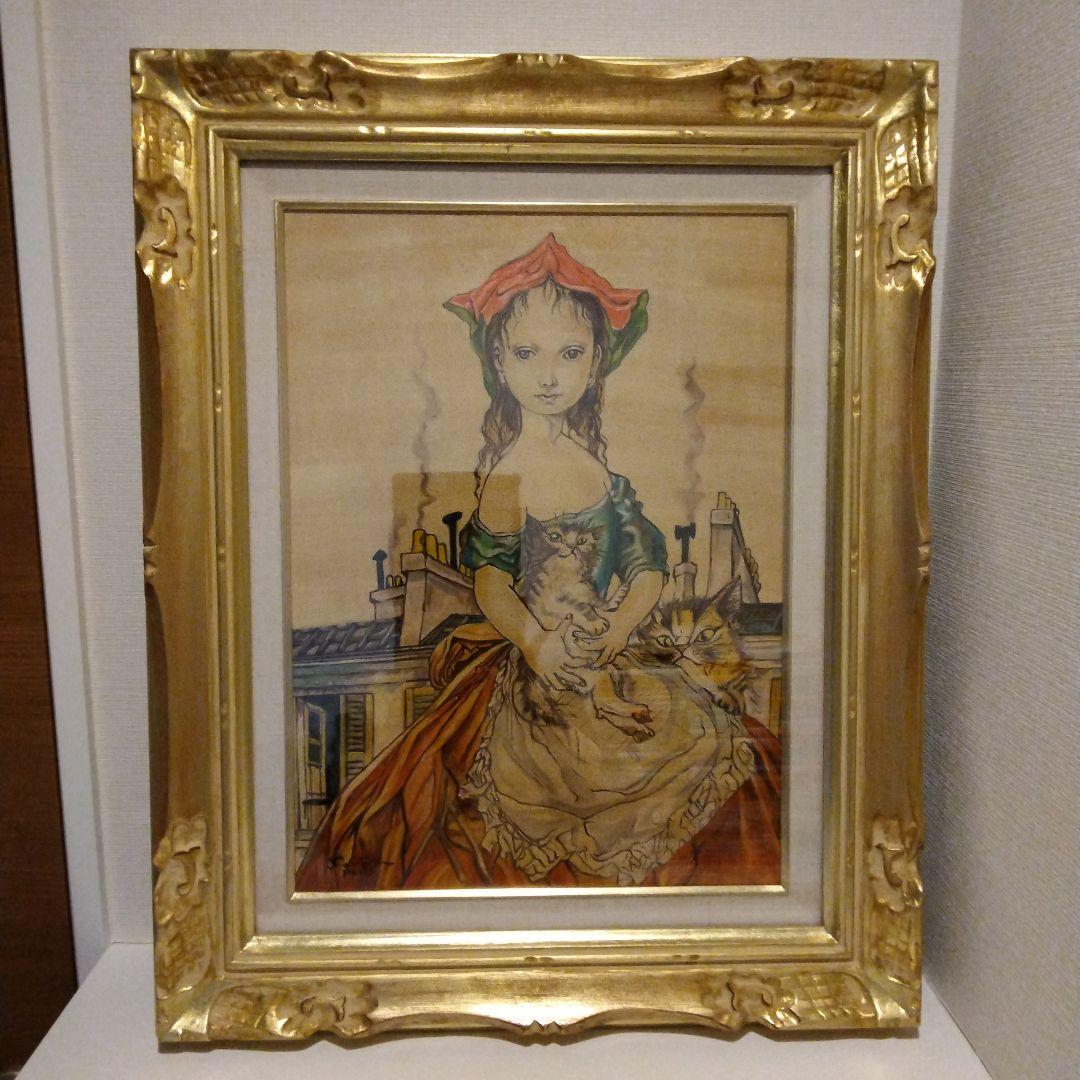 藤田嗣治　油彩F8号　パリ屋根の前の少女と猫　表サイン　裏　田村孝之介鑑定書貼付