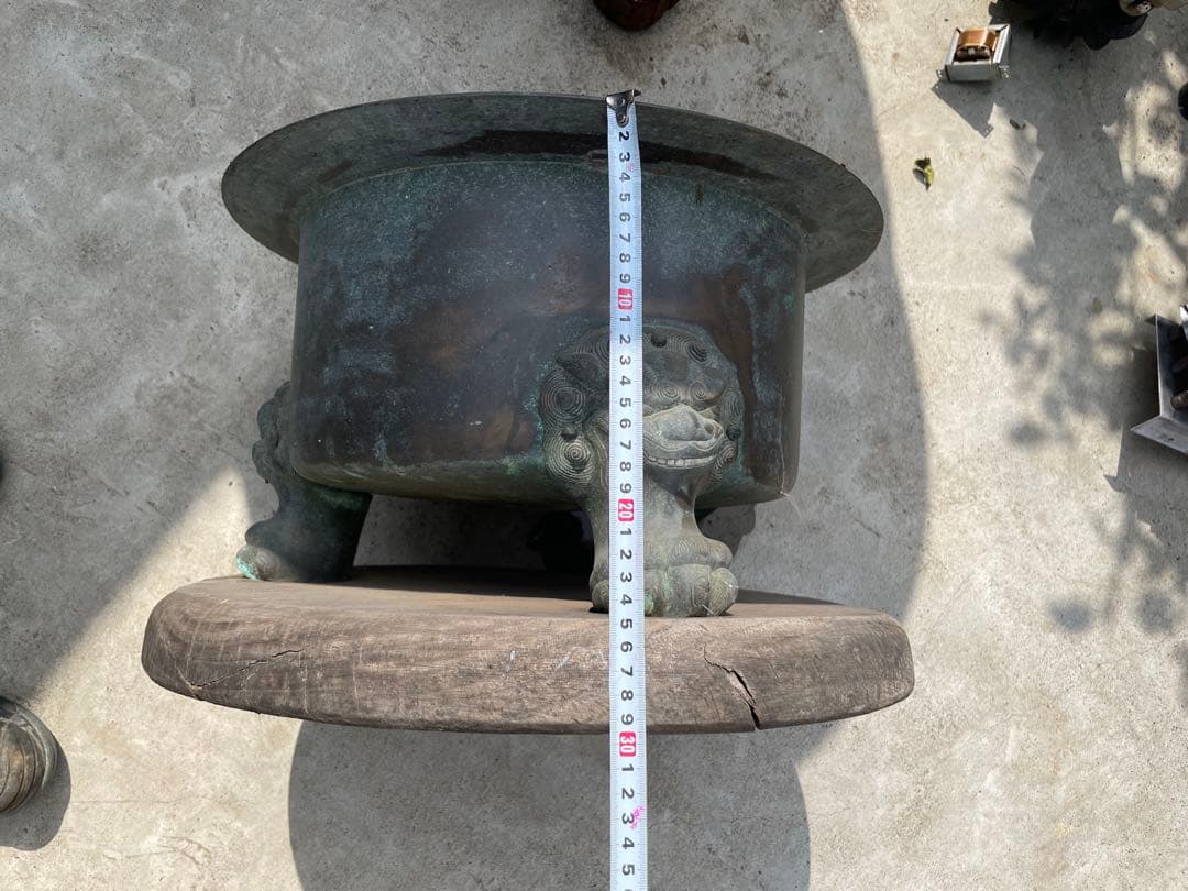 大正十一年青銅製 獅子足火鉢 木製台座付き