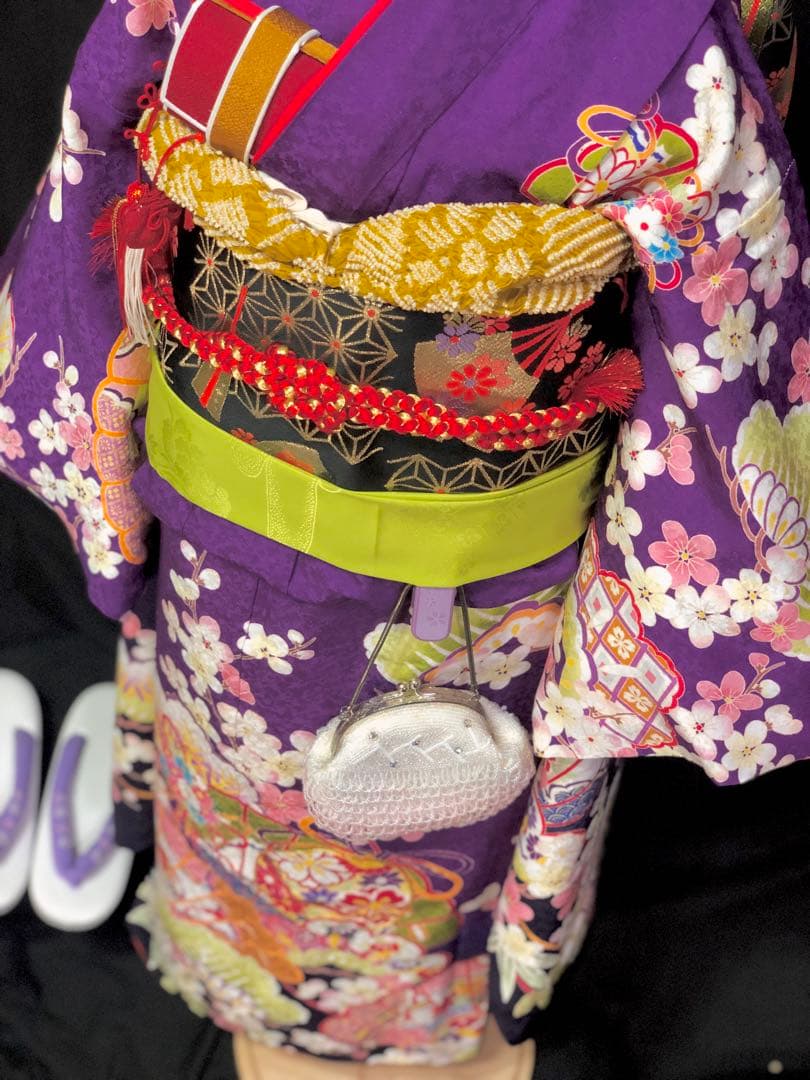 【正絹】 七五三　7歳　絵羽　紫　着物　四つ身　作り帯　セット　女の子