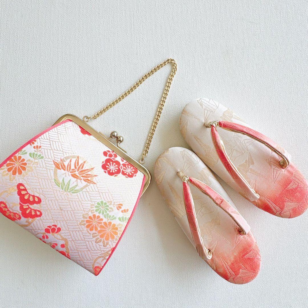 フルセット　七五三７歳女の子　赤地蝶桜　緑地袋帯　源氏車　簡単半衿　7105