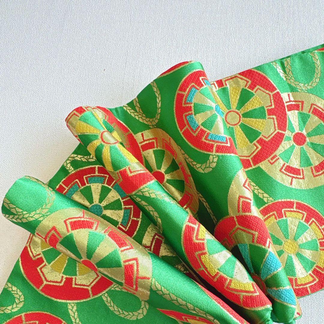 フルセット　七五三７歳女の子　赤地蝶桜　緑地袋帯　源氏車　簡単半衿　7105