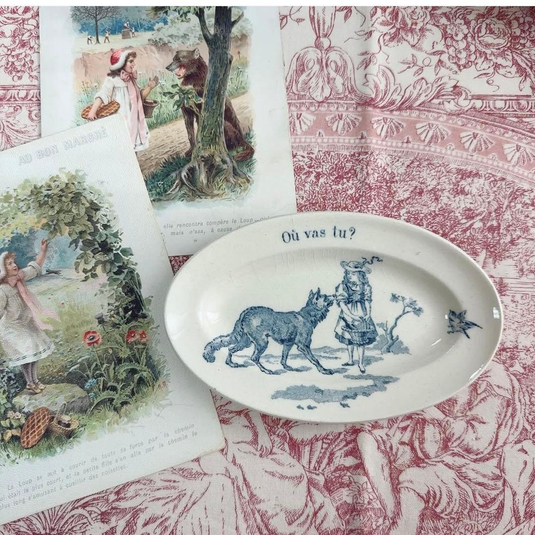 セール　フランスアンティーク　おままごと食器　赤ずきん　青　オーバルプレート　皿