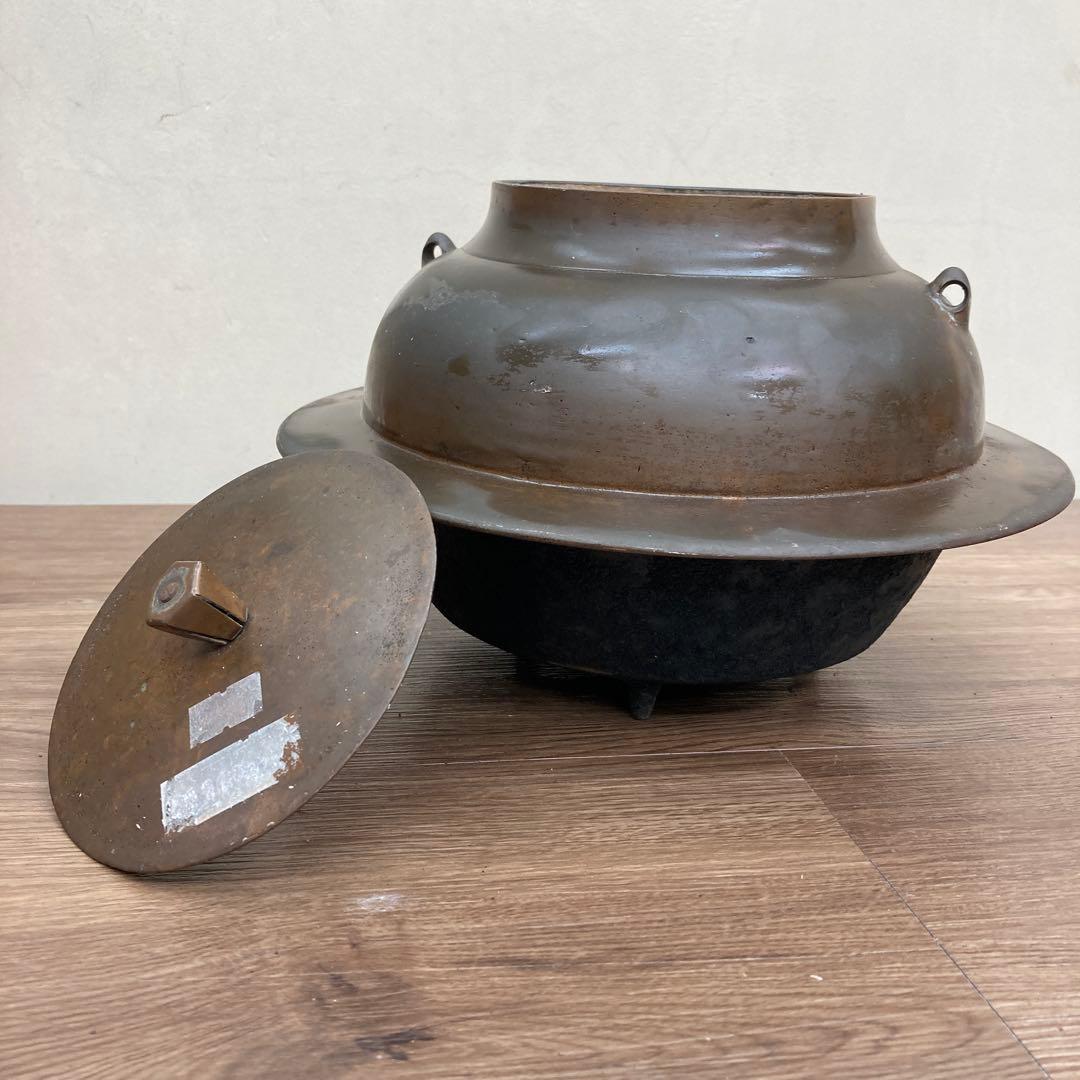 E-1 【アンティーク】茶道具 羽釜 茶釜 鉄釜 時代物 趣 古い茶釜（羽釜）