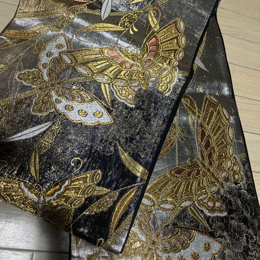 蝶の刺繍 袋帯 黒金