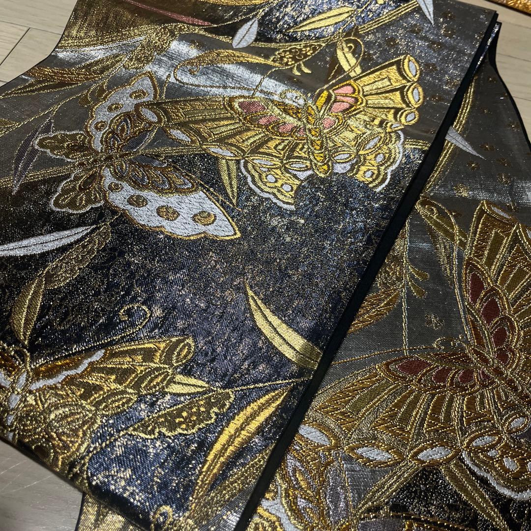 蝶の刺繍 袋帯 黒金
