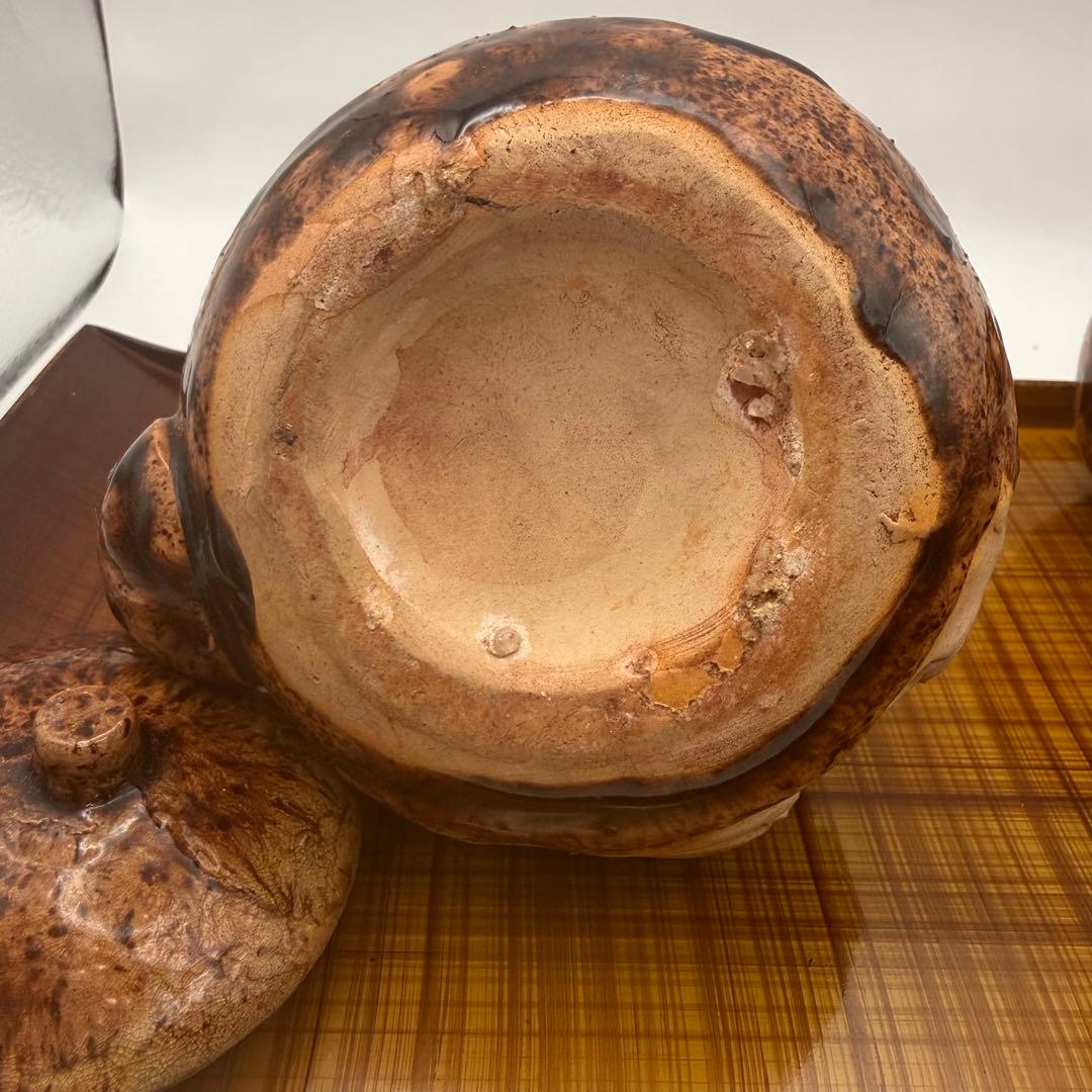 昭和レトロ 古陶 茶器セット 盆付 籐取手 民芸陶器 堀込洞窟松紋彫　煎茶道具