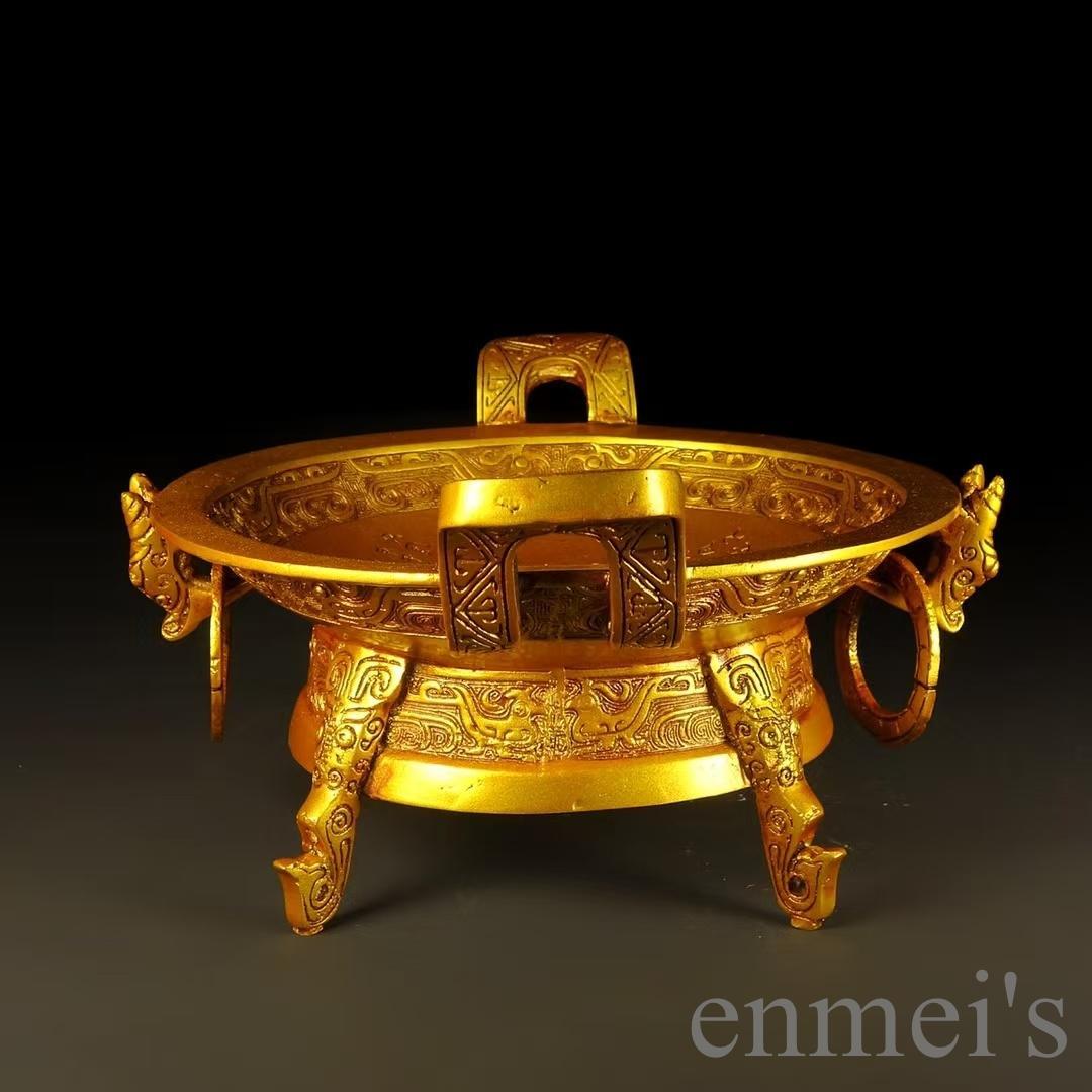 中国古美術 古銅 描金 聚宝鼎 鼎型香炉 祭祀 風水置物 金属工芸 細密細工