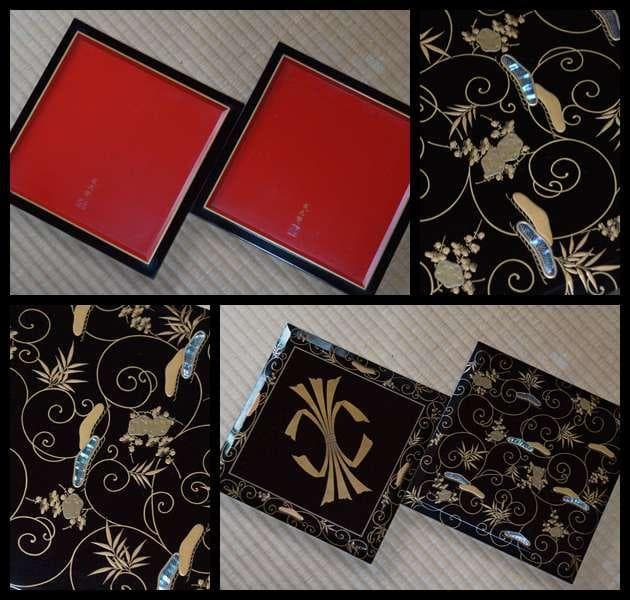 明治五年 輪島塗鳳光斎造蠟色内朱金蒔絵青貝螺鈿象嵌『松竹梅文』五重箱 替え蓋共箱