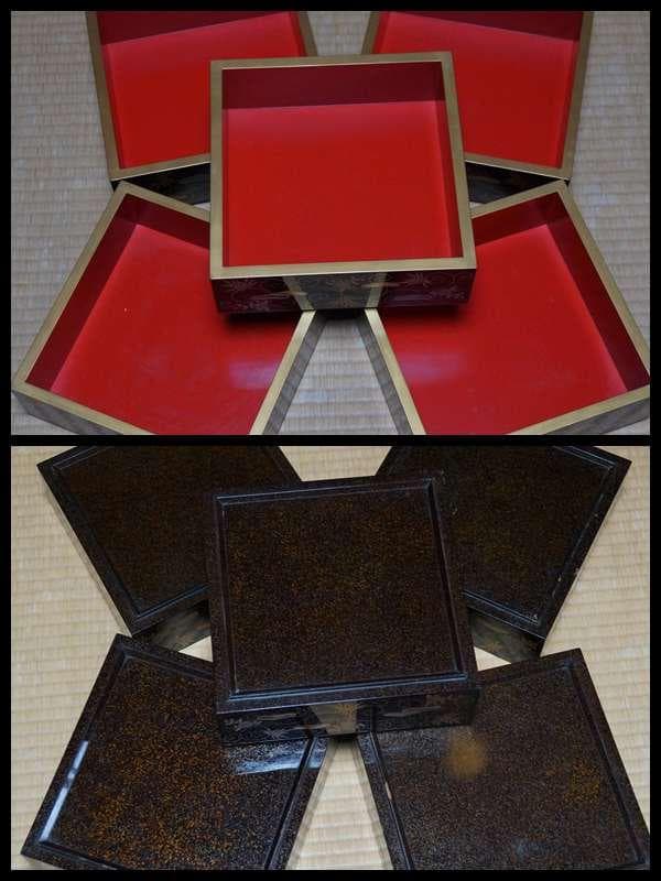 明治五年 輪島塗鳳光斎造蠟色内朱金蒔絵青貝螺鈿象嵌『松竹梅文』五重箱 替え蓋共箱