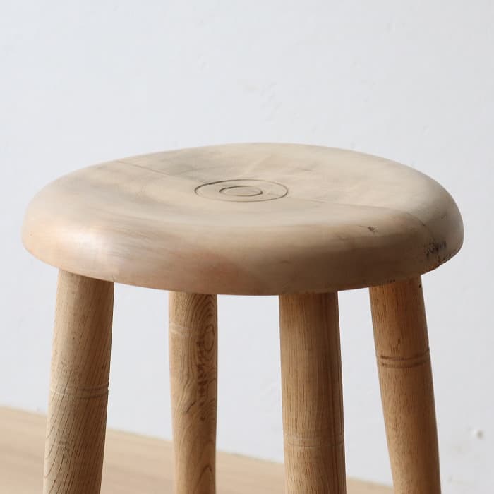 Aアンティーク 木製 無塗装 無垢材 丸スツール 古家具 ブナ タモ