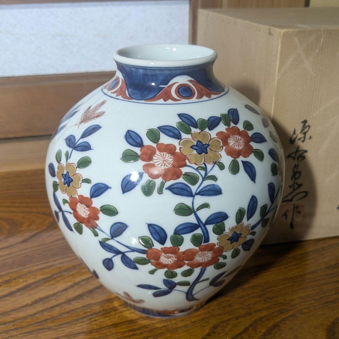 源右衛門窯　花柄陶器花瓶 中型 専用木箱付き