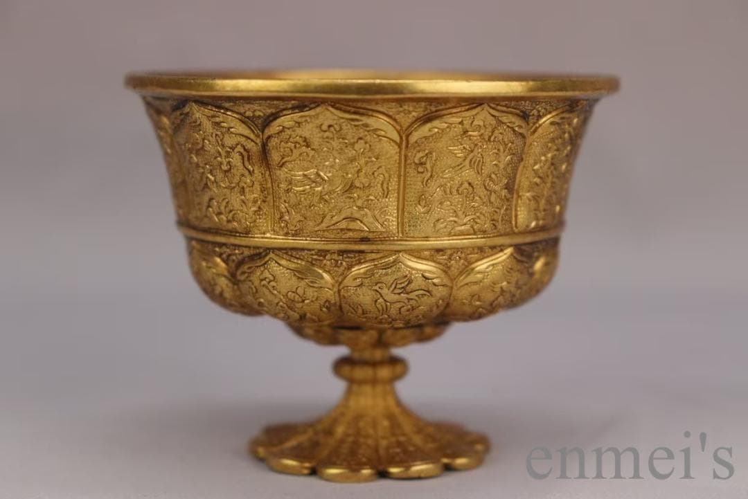 中国古美術 旧蔵 清代 鍍金銅酒杯 精銅製 純手作り 小盃 鍍金装飾 文房雅品