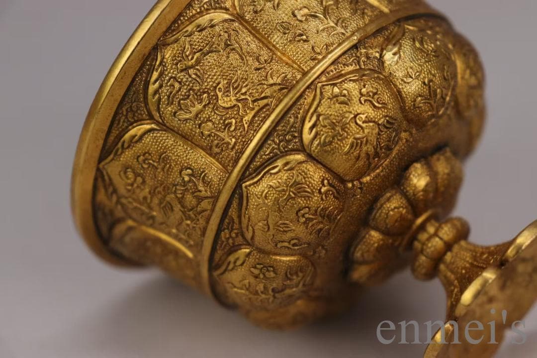 中国古美術 旧蔵 清代 鍍金銅酒杯 精銅製 純手作り 小盃 鍍金装飾 文房雅品