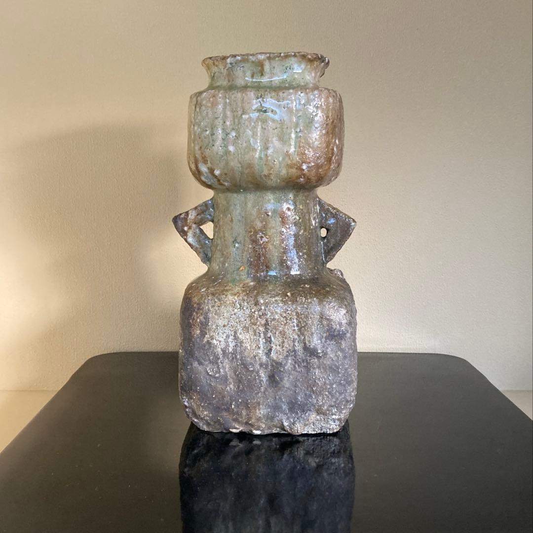 信楽焼 伊賀焼 谷清右衛門造 伊賀花入 耳付花入 花器 茶道具 共箱 共布