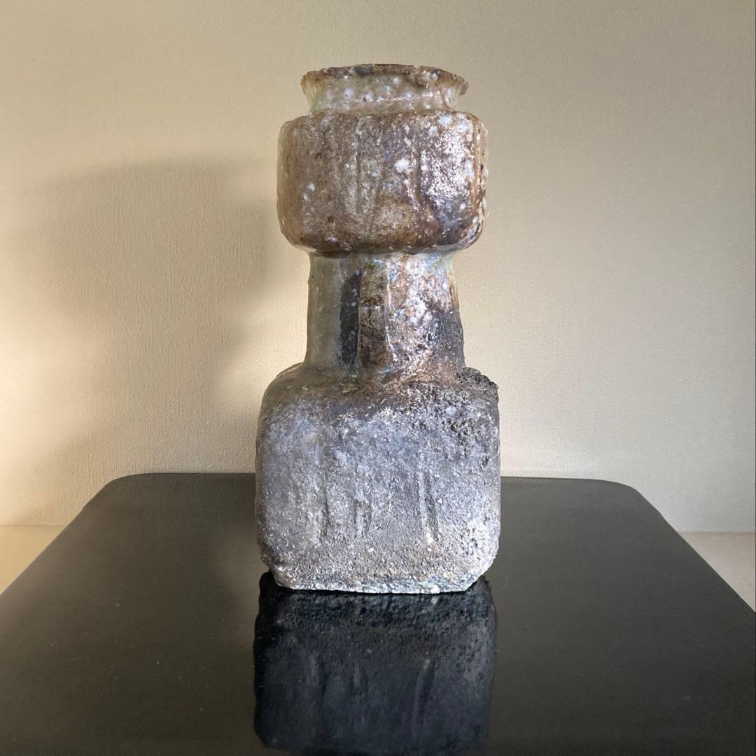 信楽焼 伊賀焼 谷清右衛門造 伊賀花入 耳付花入 花器 茶道具 共箱 共布