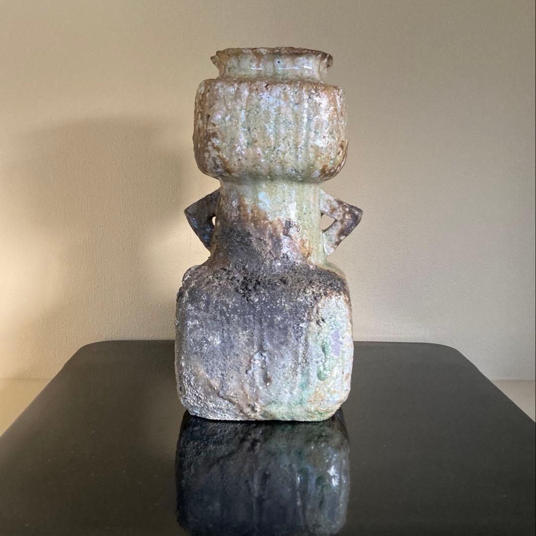 信楽焼 伊賀焼 谷清右衛門造 伊賀花入 耳付花入 花器 茶道具 共箱 共布