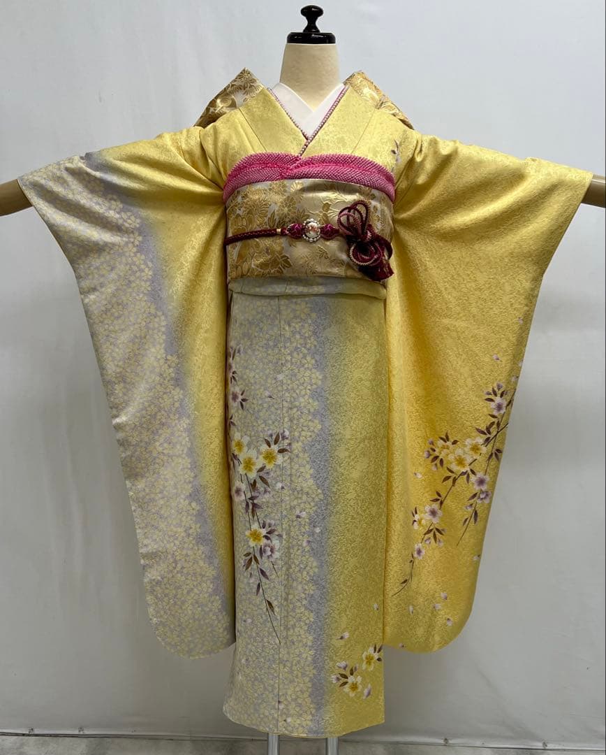 振り袖　フルセット　小柄な方に♪ 正絹長襦袢付　イエロー　桜　成人式　649