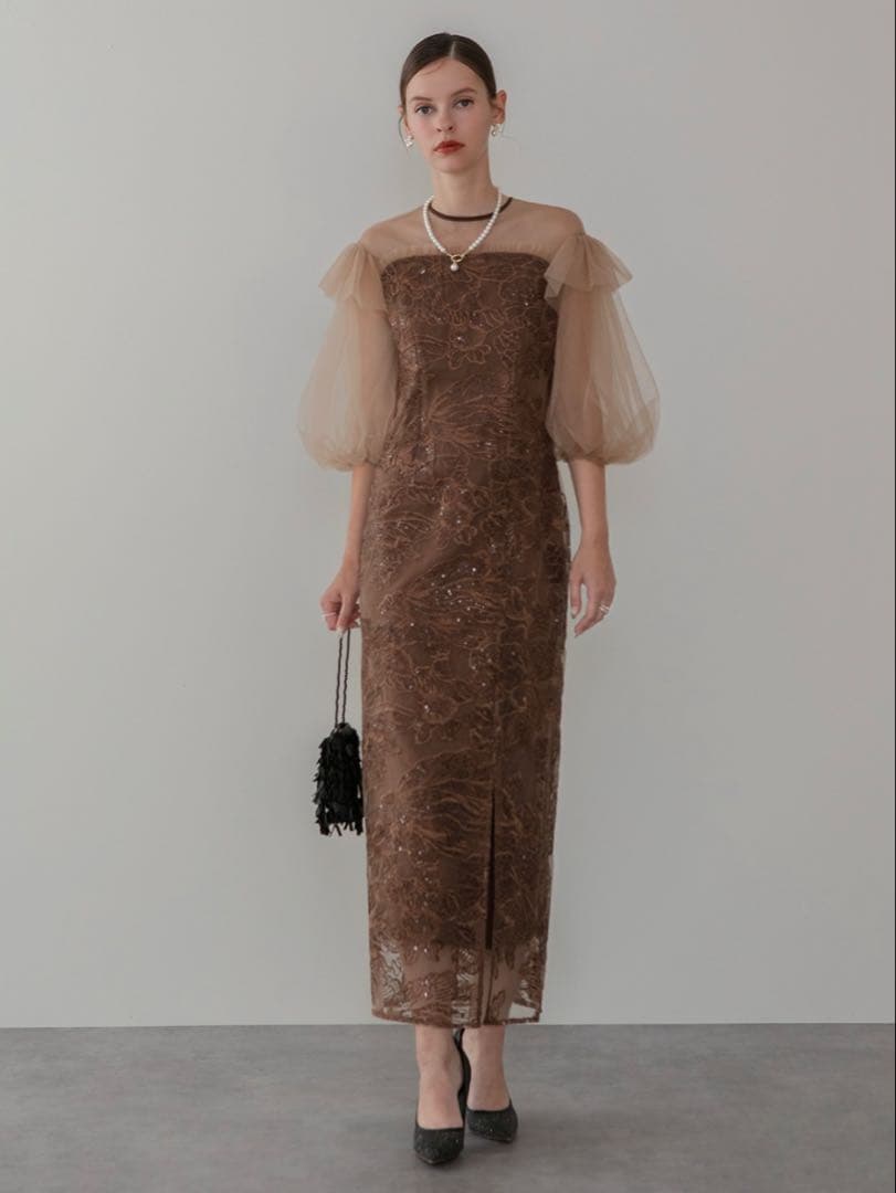 フラワースパンコールシアーフリルスリーブIラインワンピースドレス結婚式パーティー