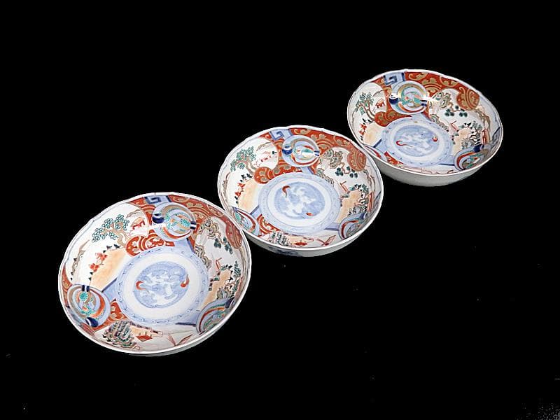 古伊万里　金襴手　熨斗に宝珠　山水の図　膾皿　３客　D761A-BHj