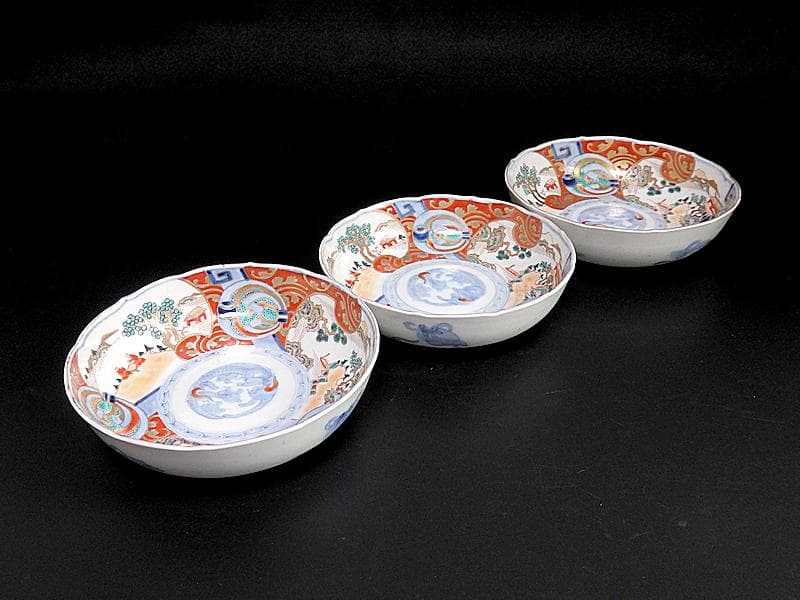 古伊万里　金襴手　熨斗に宝珠　山水の図　膾皿　３客　D761A-BHj