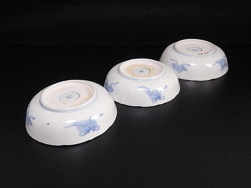 古伊万里　金襴手　熨斗に宝珠　山水の図　膾皿　３客　D761A-BHj