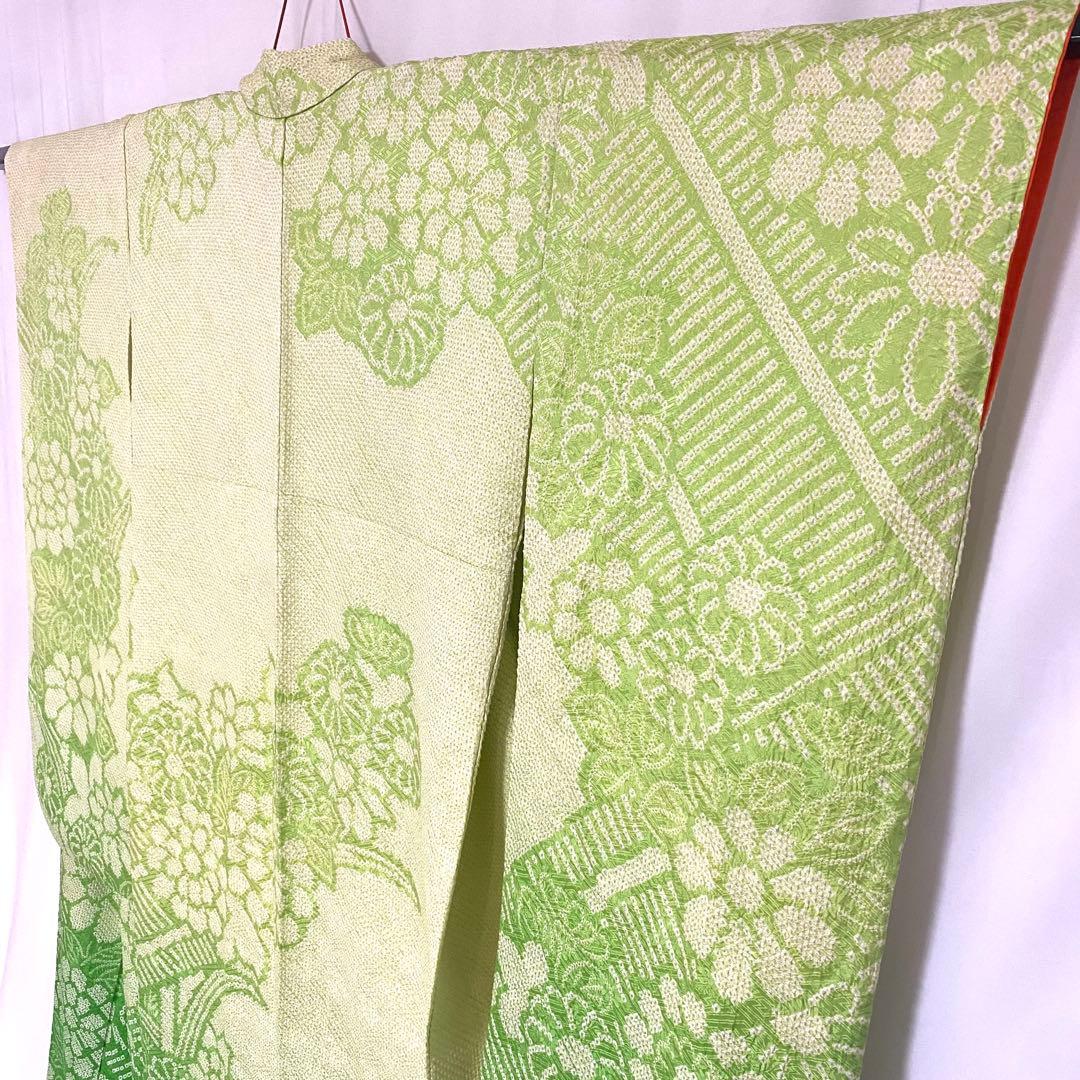 5k502 振袖　正絹　袷　総絞り　中振袖　緑　白　花柄　和装　着物