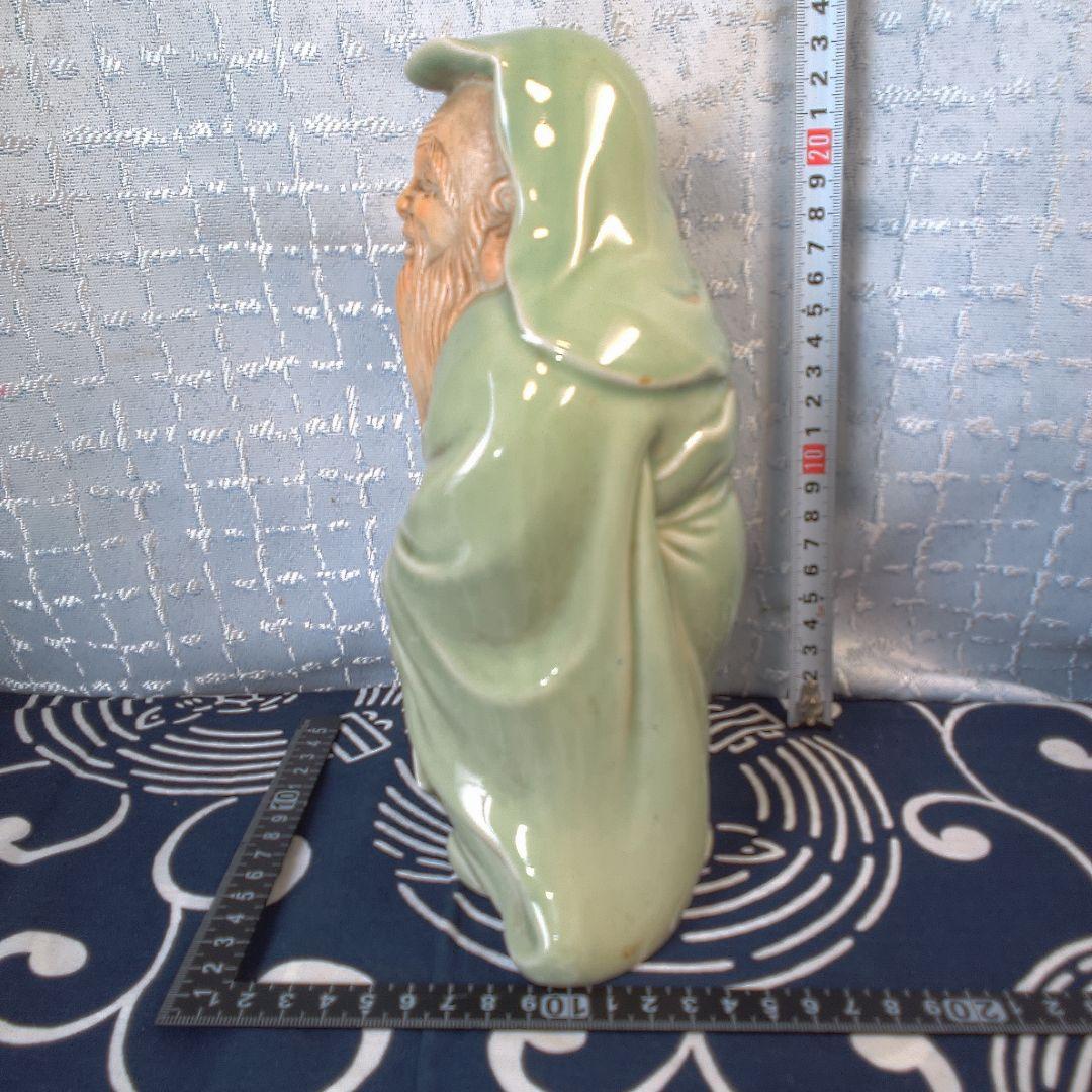 骨董４ 緑色の陶器製老賢者像 約20cm