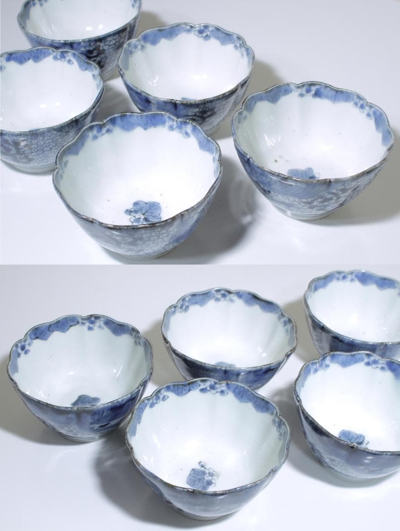 江戸中期 古伊万里 蕎麦猪口 五客揃 [繋ぎ亀甲・鳳凰文]