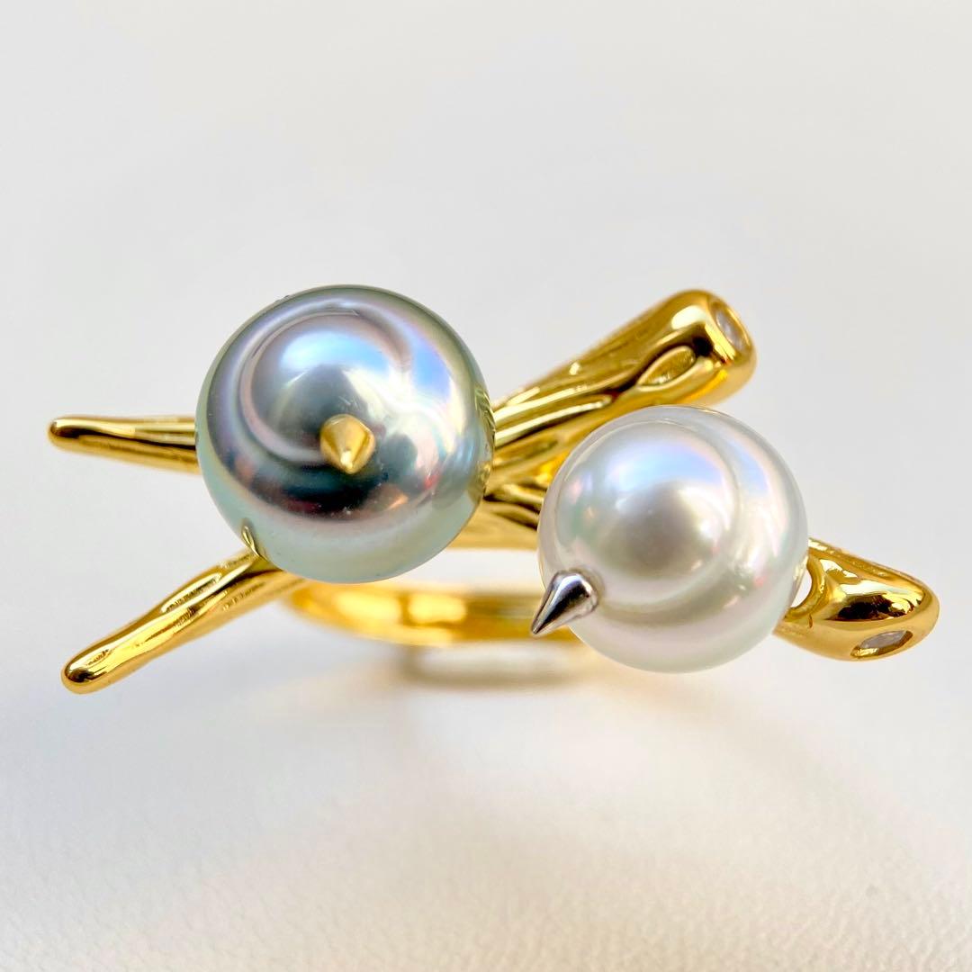 本真珠南洋黒蝶と白蝶真珠オーシャンブルーとブルー無調「鳥と枝」リングY1028