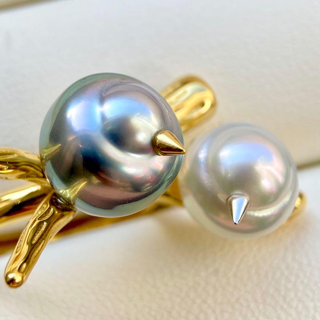 本真珠南洋黒蝶と白蝶真珠オーシャンブルーとブルー無調「鳥と枝」リングY1028