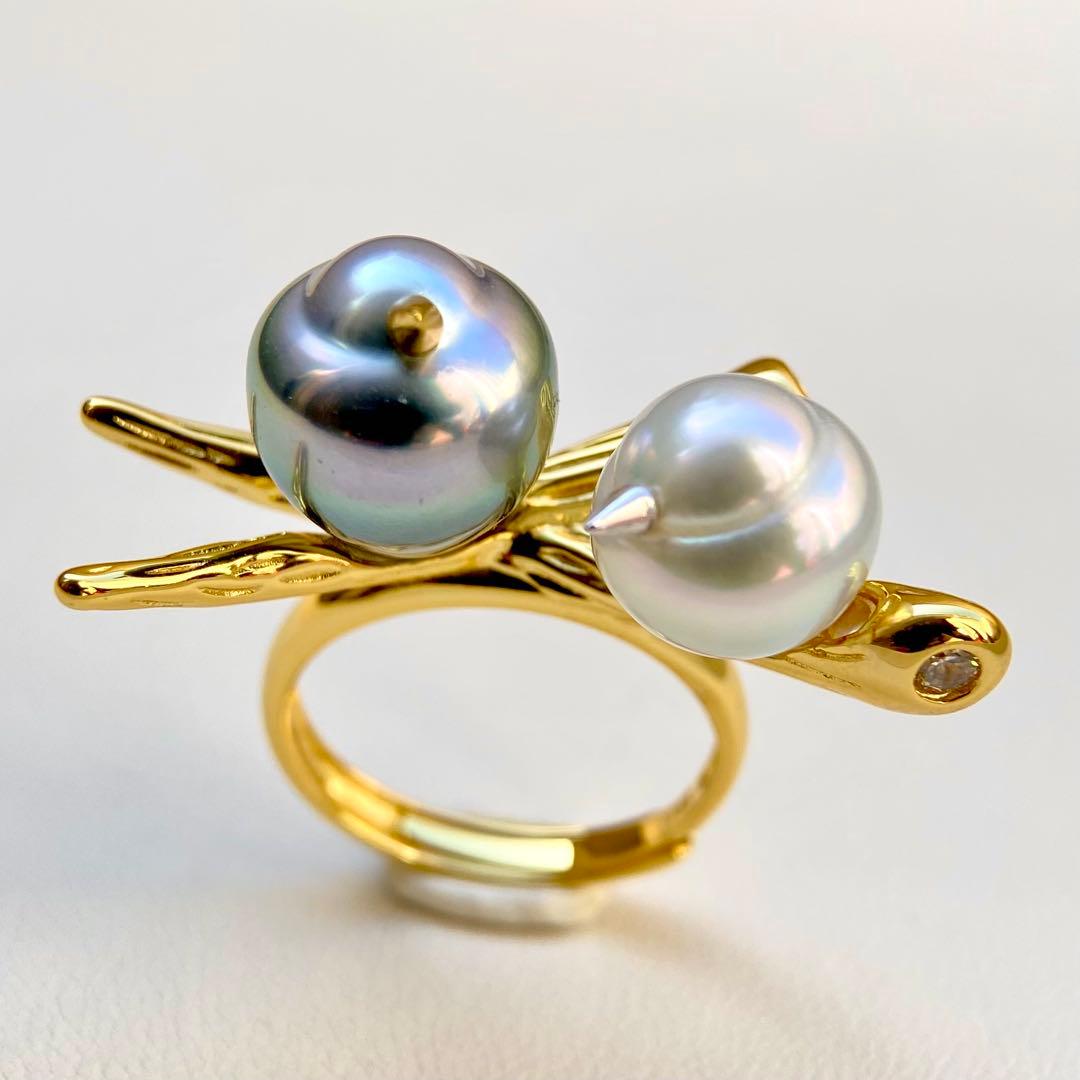 本真珠南洋黒蝶と白蝶真珠オーシャンブルーとブルー無調「鳥と枝」リングY1028