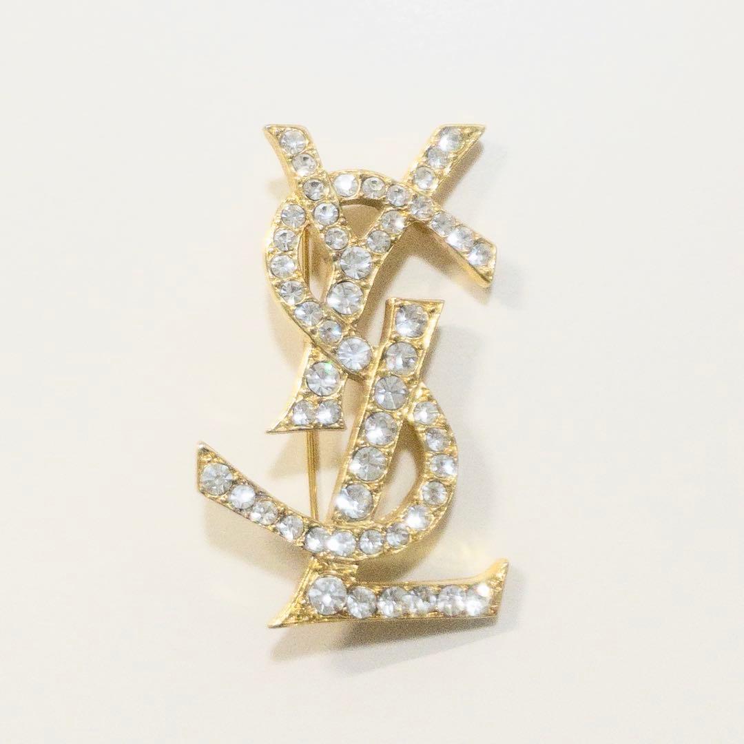 YSL イブサンローラン ロゴ ラインストーン ブローチ ゴールド