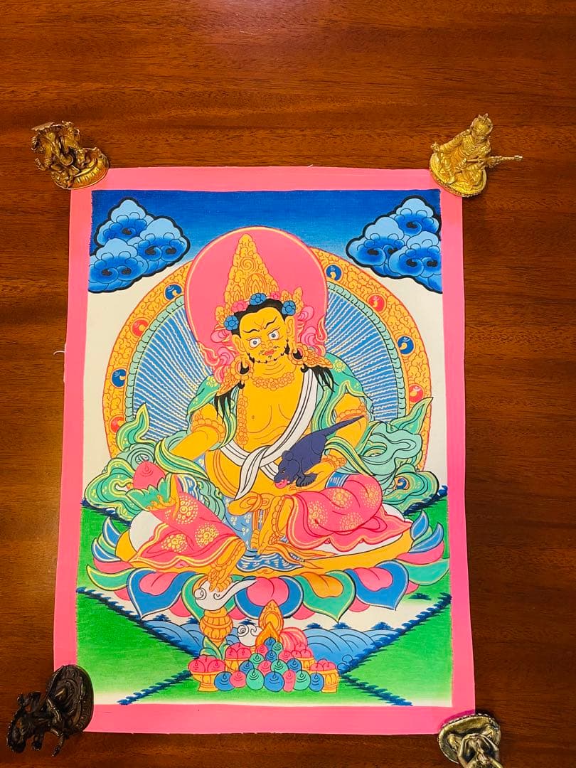 《手描き 肉筆画》宝蔵神 財宝神／ジャンバラ クベラ チベット密教 仏画　a2