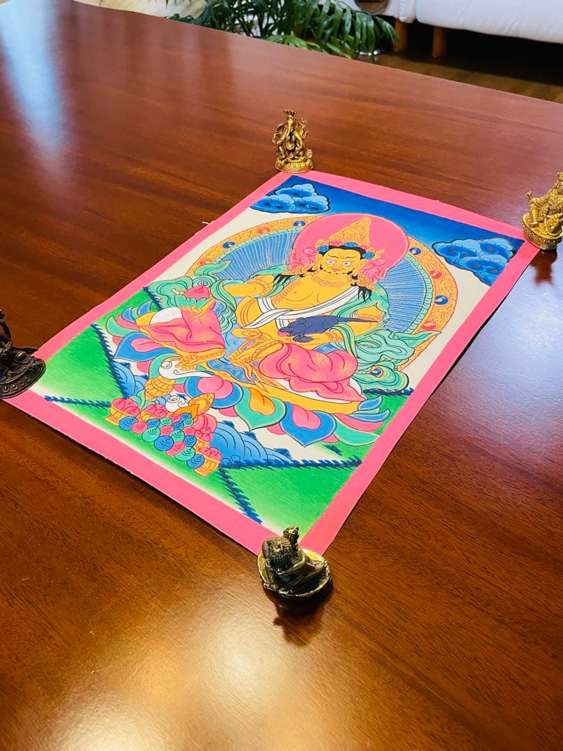 《手描き 肉筆画》宝蔵神 財宝神／ジャンバラ クベラ チベット密教 仏画　a2