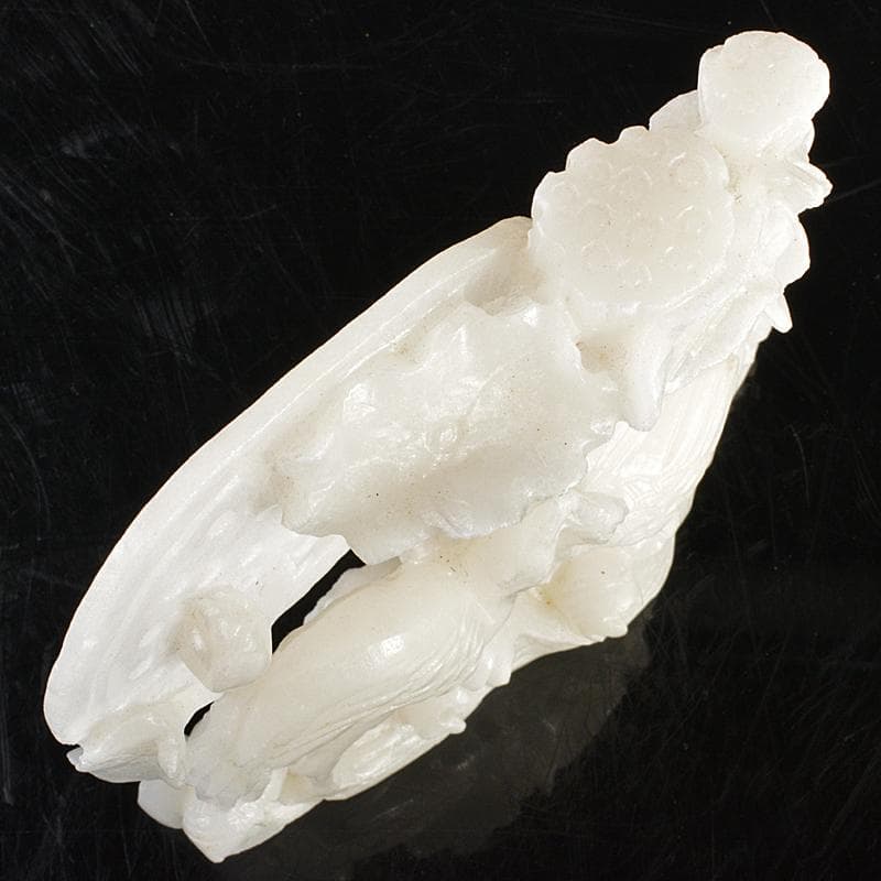 中国　玉石白玉彫刻　蓮に鶴　置物　V　R5692