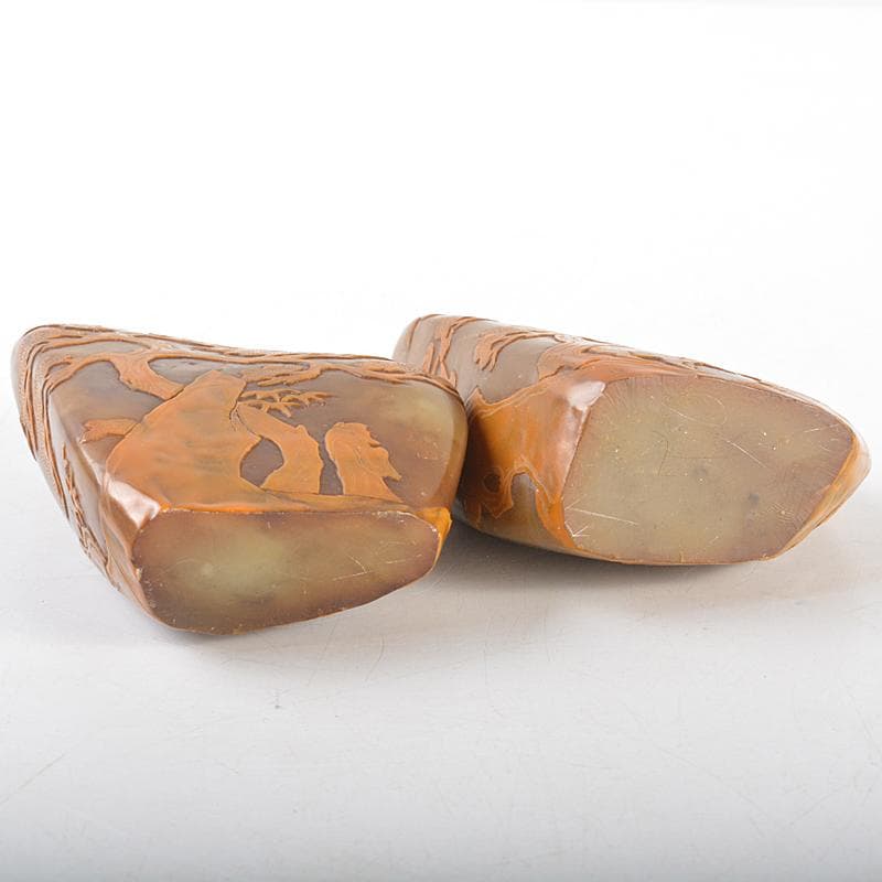 中国　玉石彫刻　山水人物刻　置物　2点　時代箱付　M　R5800