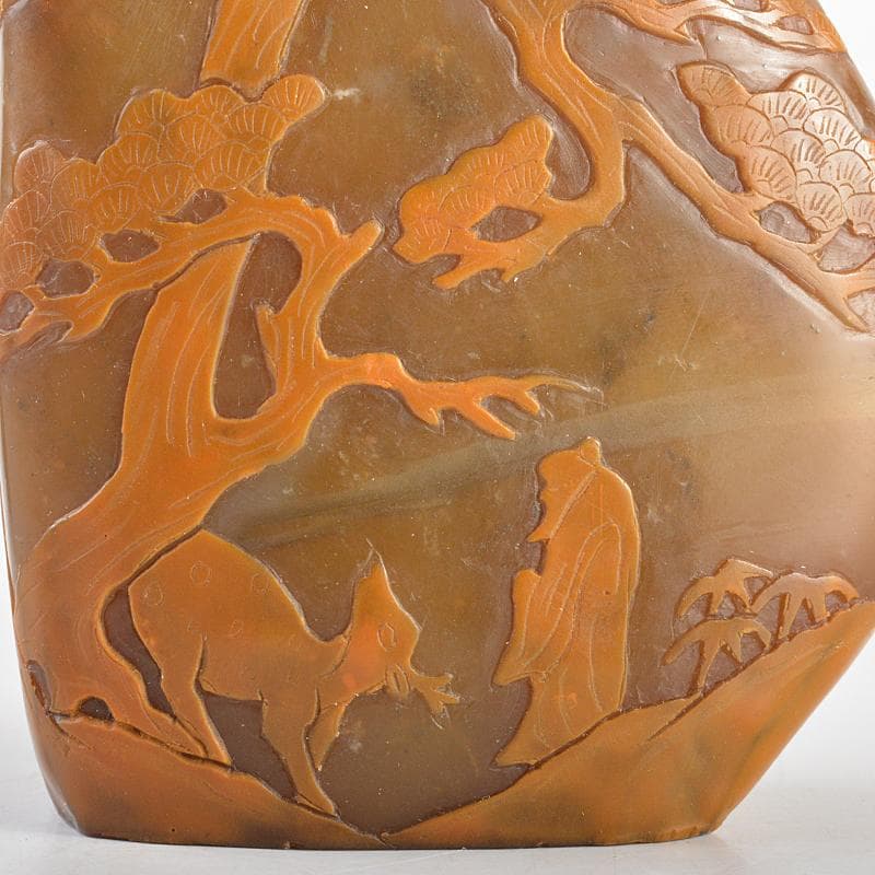 中国　玉石彫刻　山水人物刻　置物　2点　時代箱付　M　R5800