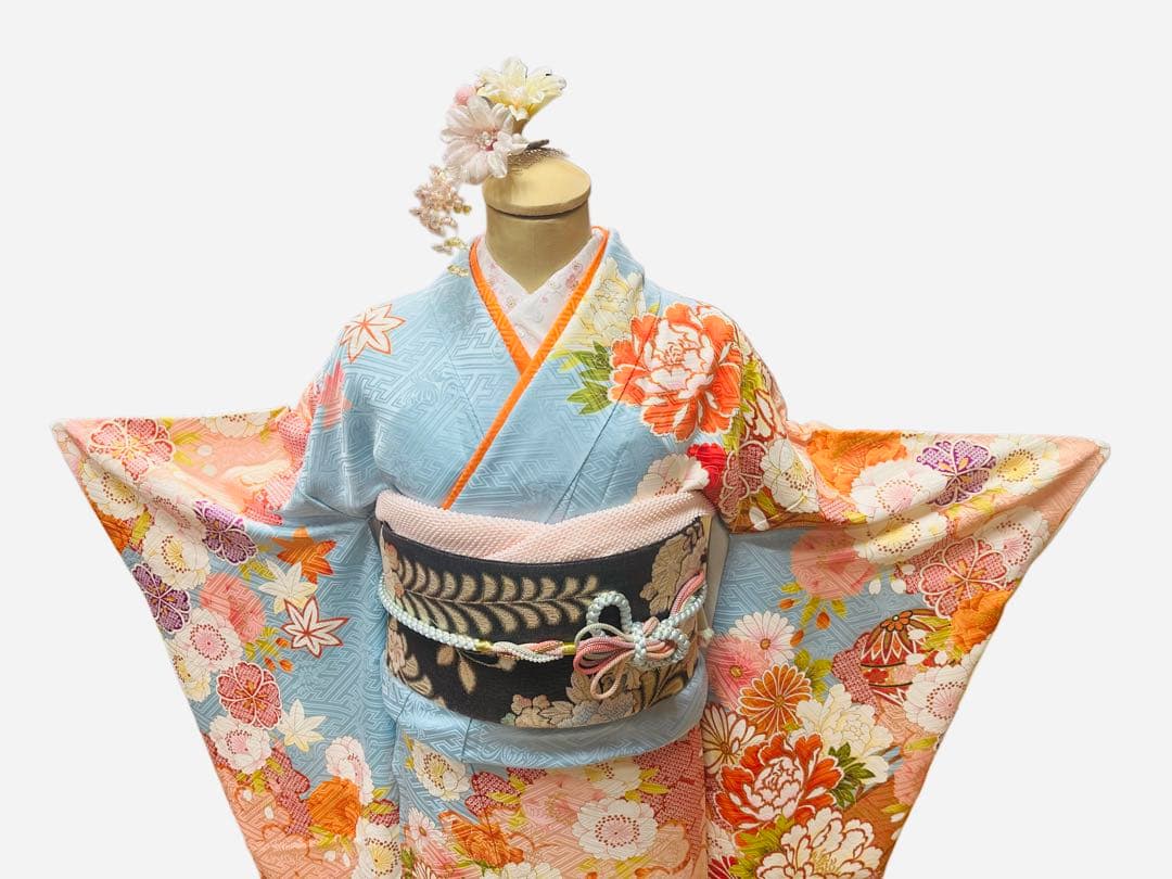 振袖 正絹 古典柄 水色 正統派 6点セット