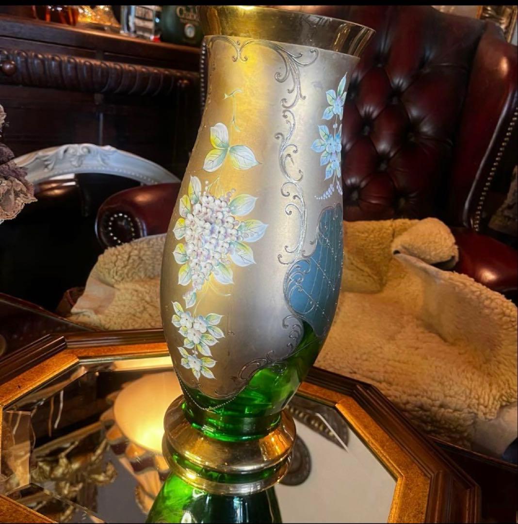 湯布院アンティーク ベネチアンガラス フラワーベース大花瓶 ハンドメイドグリーン