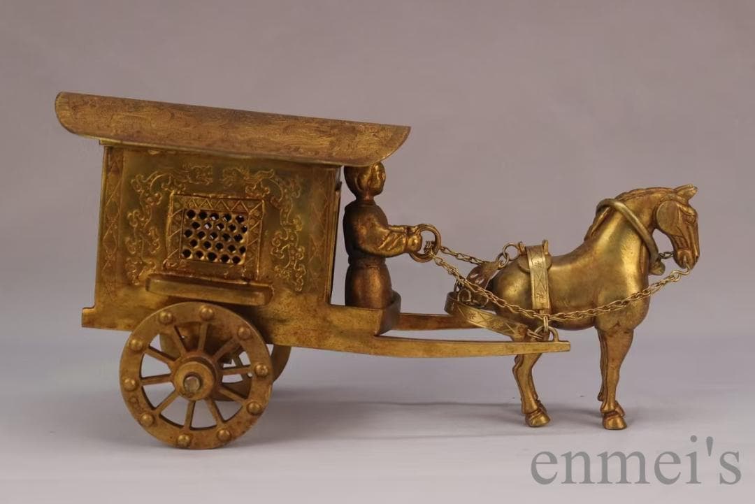 中国古美術 旧蔵 鍍金銅馬車 精銅製 彫刻置物 装飾 文房置物 純手作り 重器