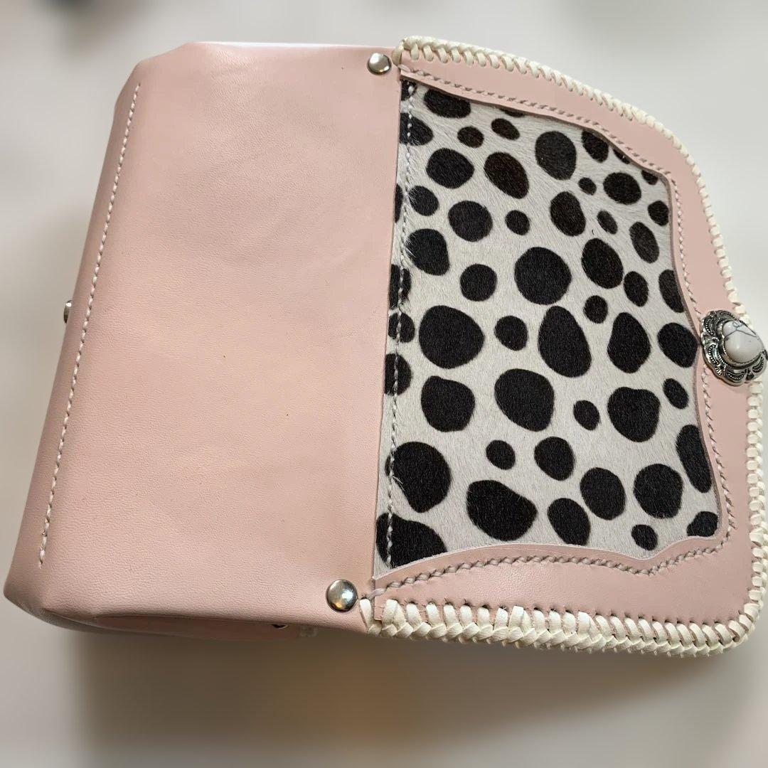 レザークラフト牛革ベビーピンクダルメシアン柄ハラコアコーディオン長財布牛レース編