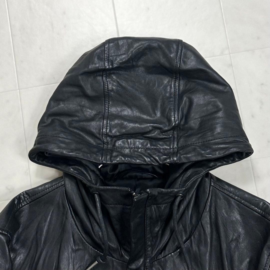 〈美品〉BACK NUMBER【M】フード付き レザーライダースジャケット 黒