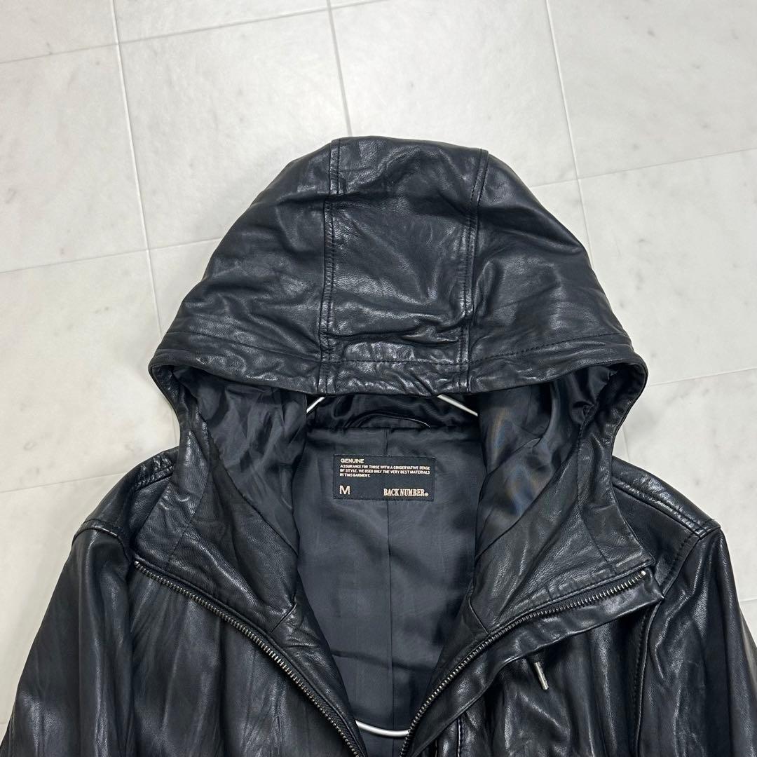 〈美品〉BACK NUMBER【M】フード付き レザーライダースジャケット 黒