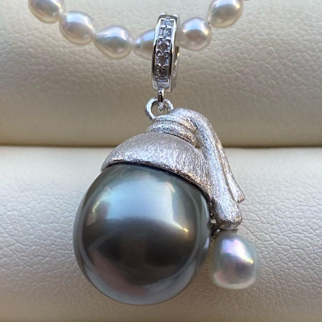 本真珠　南洋黒蝶真珠&あこや真珠ネックレストップ12mmダークグリーンPT826